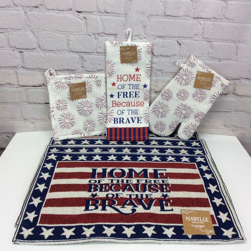 Patriotic 7Pc Kitchen Set (4)Tapestry Placemats/Dish Towel/Oven Mitt/Pot Holder